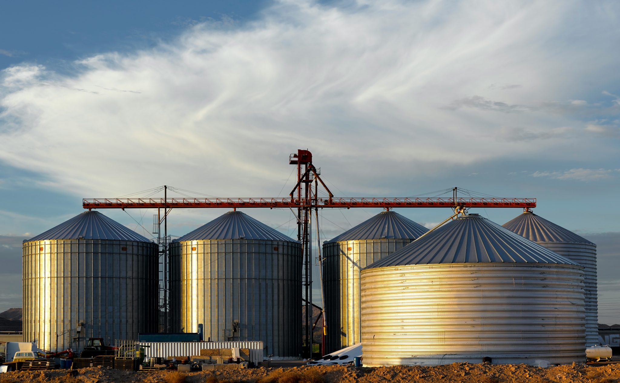 Grain silos at a commodity storage site feeding international supply