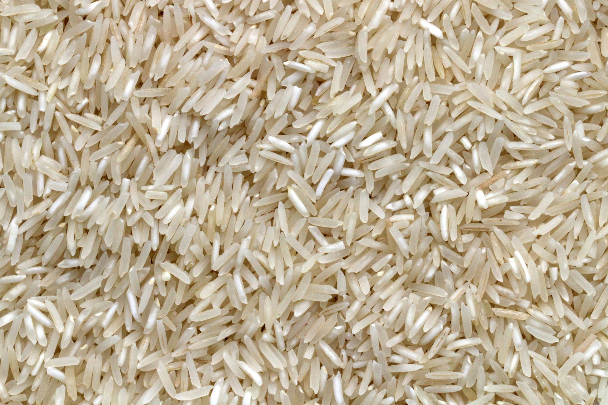 Close-up of raw long-grain rice, a core staple commodity