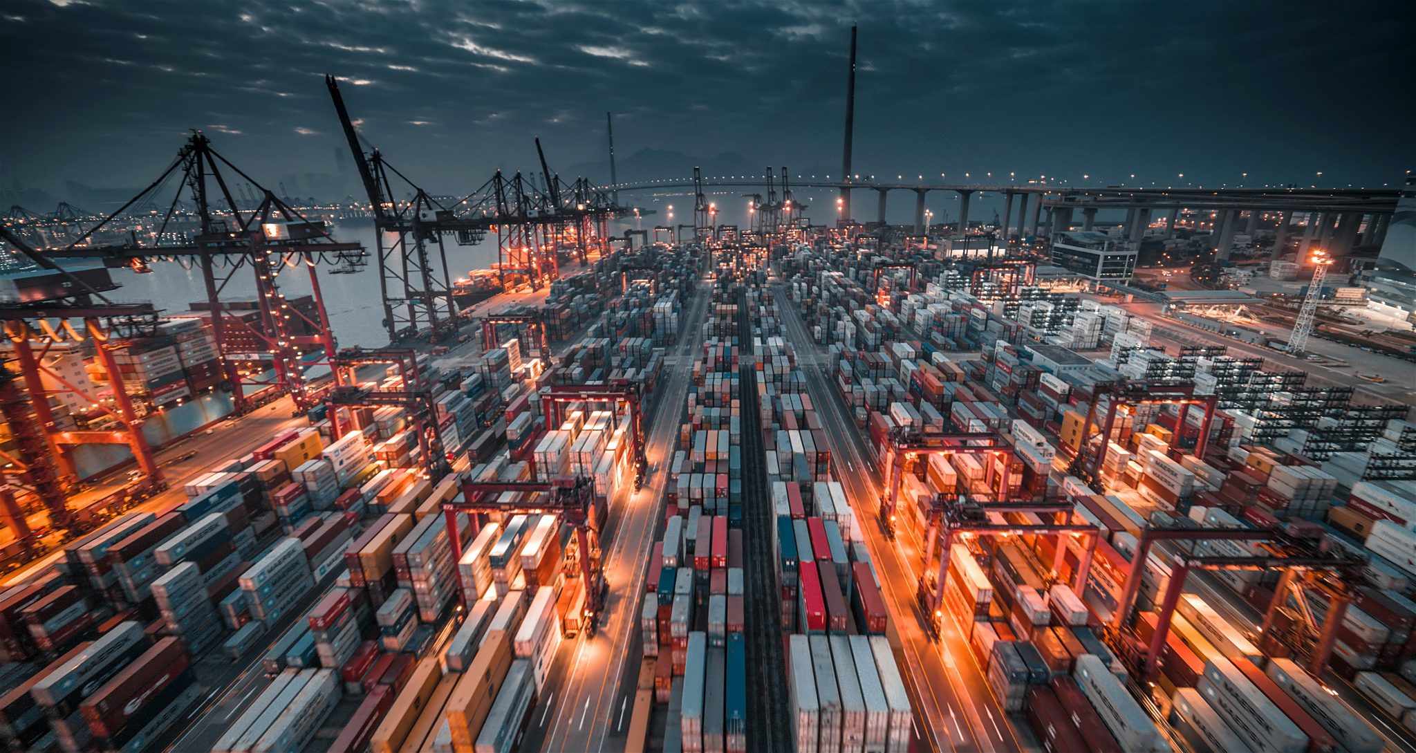 Container port with cranes handling food import and export cargo