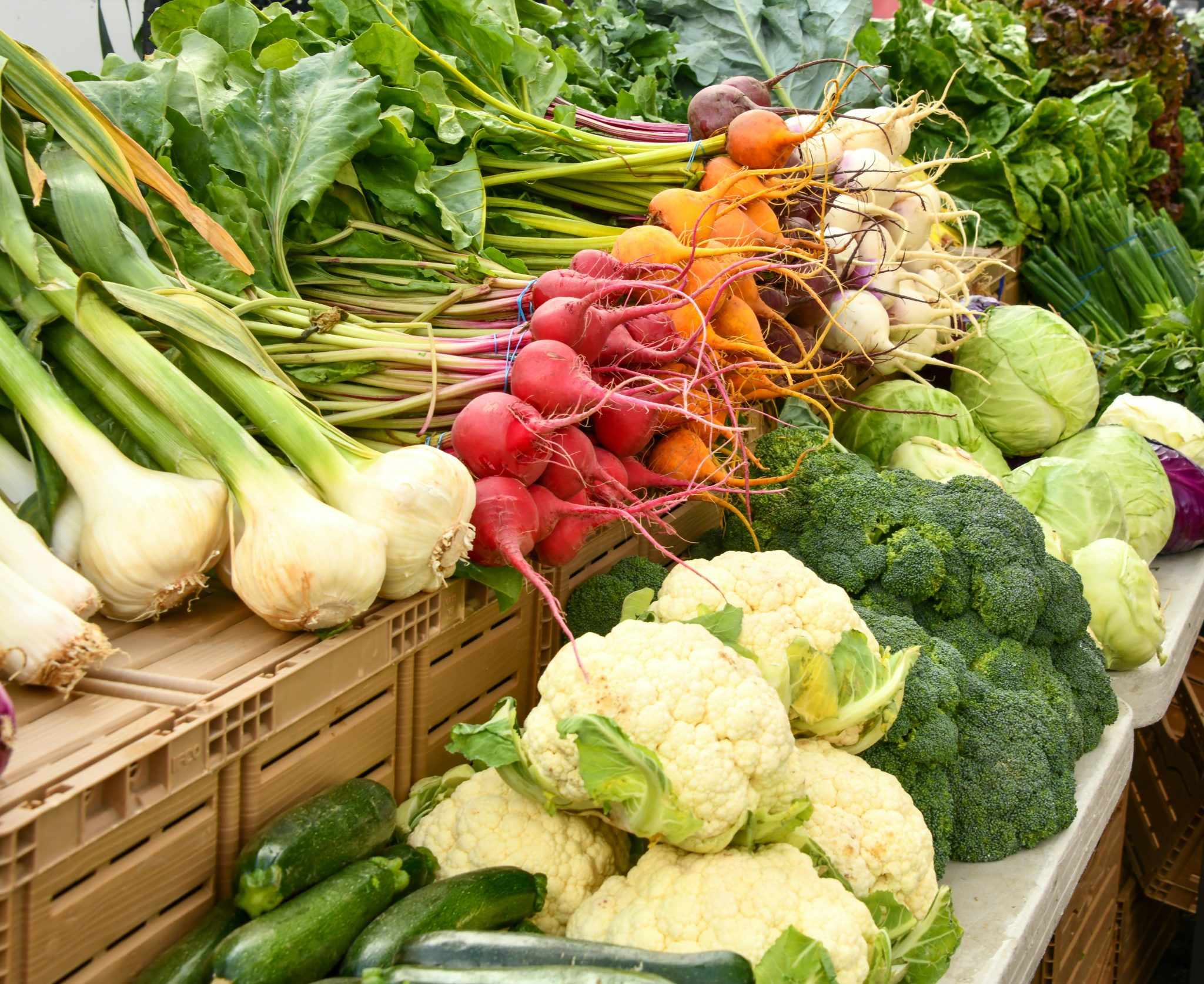 Seasonal vegetables on a supply stall, availability varying by season