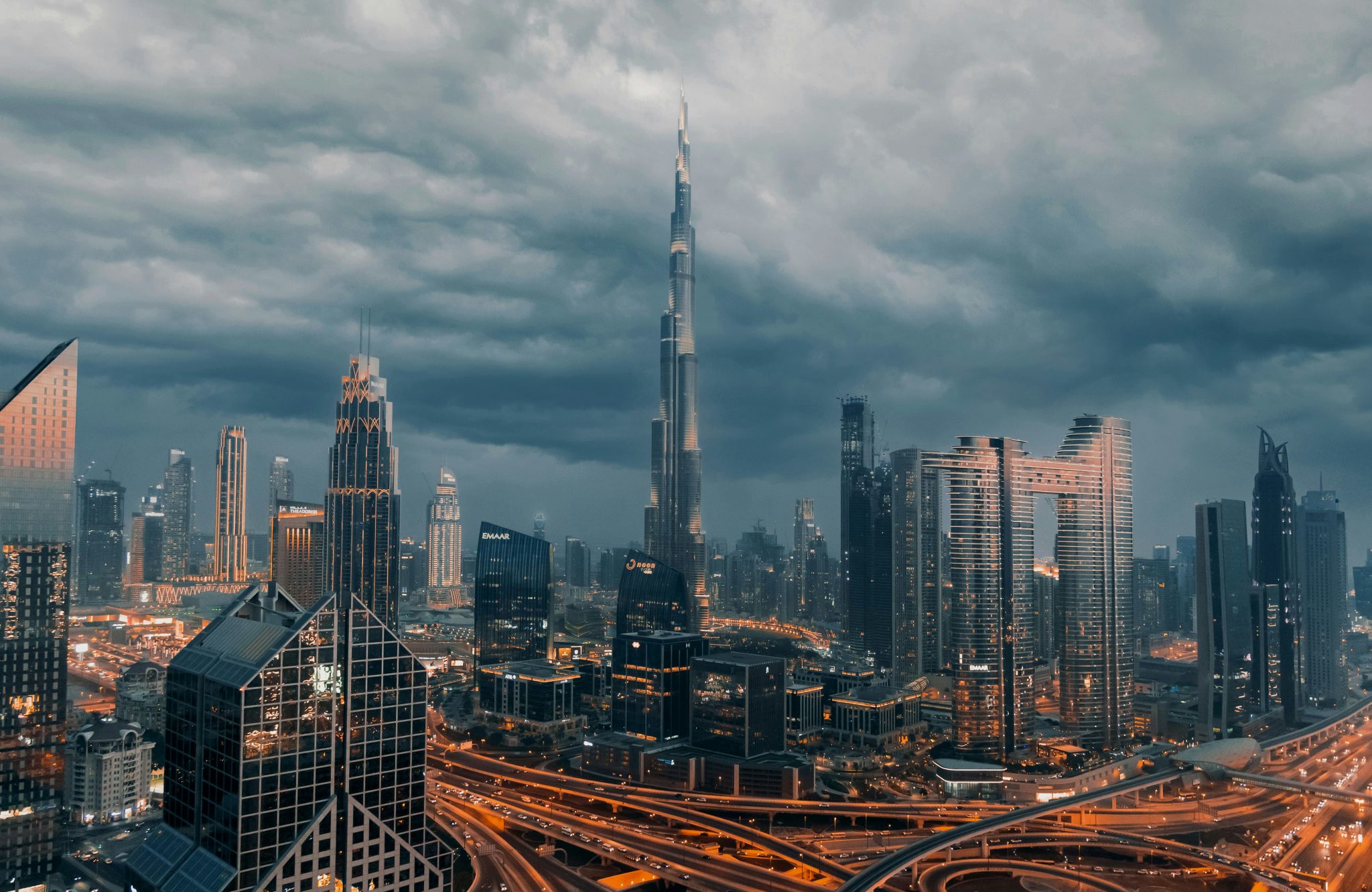 Dubai skyline, base of Madinat Al Hadaya Foodstuff Trading L.L.C