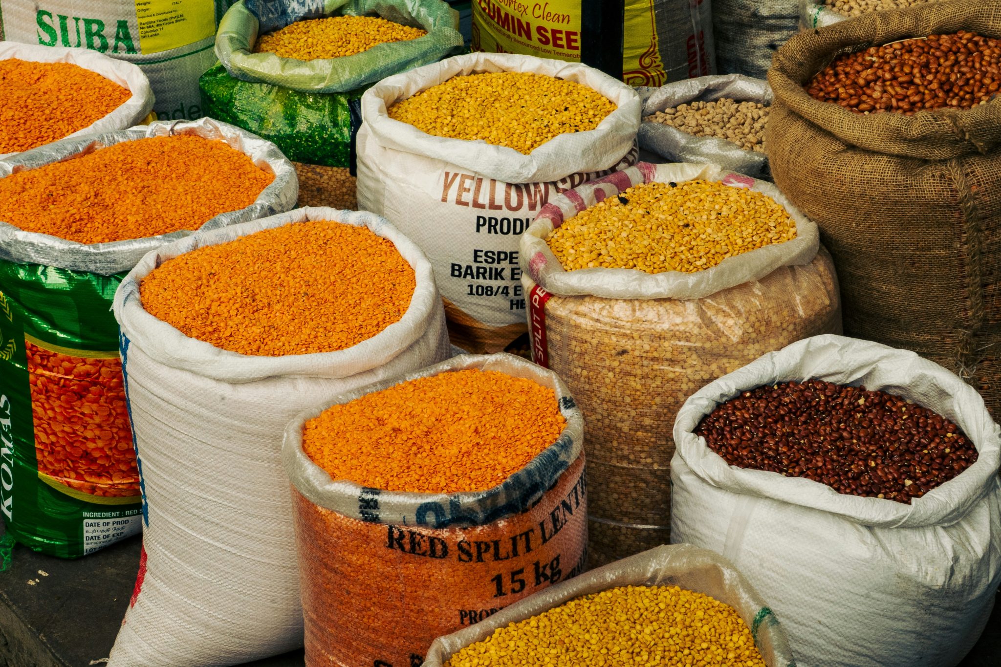 Open sacks of lentils, beans and pulses supplied in bulk to UAE food businesses
